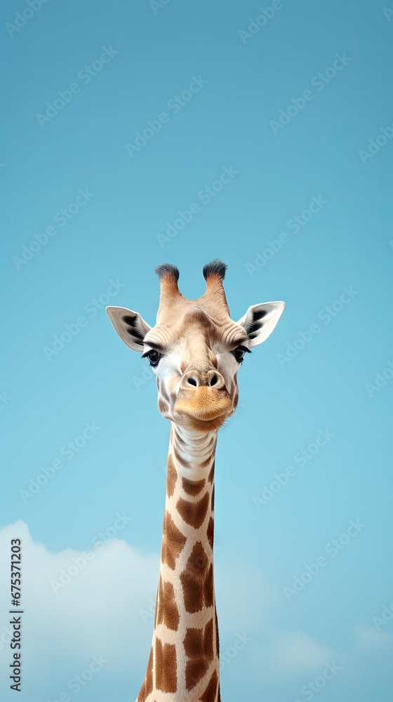 Poster a close up of a giraffe's face with a blue sky in the background and clouds in the foreground. gener