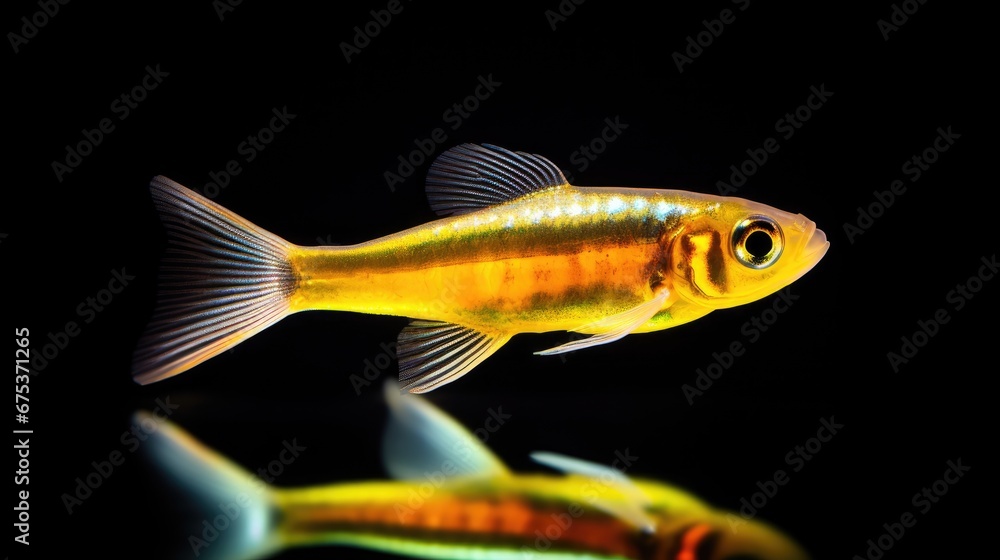 Poster a close up of a fish on a black background with a reflection of it's body in the water. generative a