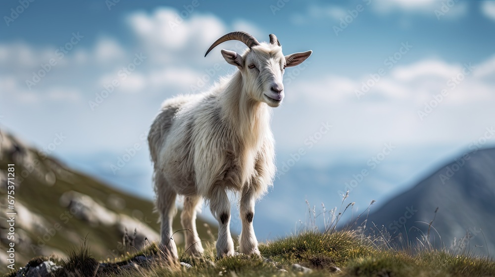 Poster a white goat standing on top of a grass covered hill with mountains in the background and clouds in 