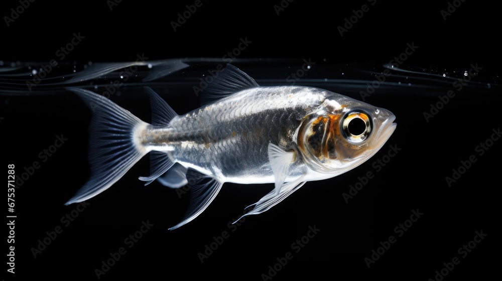 Poster a close up of a goldfish in the water with bubbles on it's back side and a black background. generat