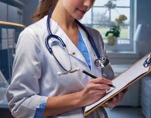 Close up professional female doctor wearing uniform taking notes in journal, Female doctor holding clipboard and writing something