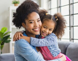 Cheerful african american mother and daughter having fun at home, Smiling young mom closed eyes embracing little girl enjoying free time together sitting on couch at home