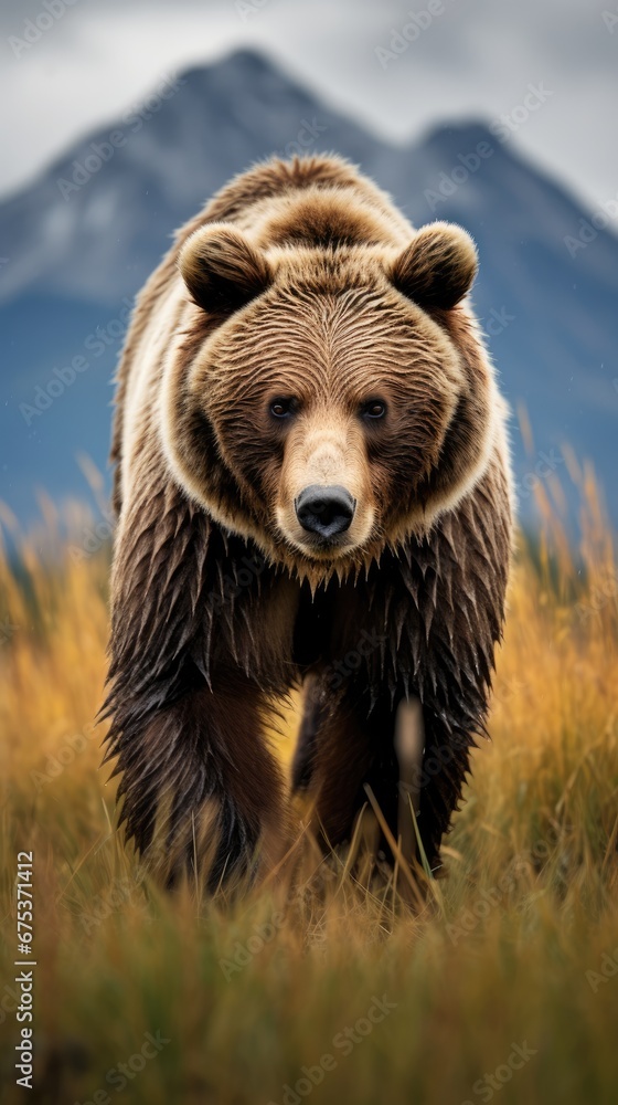 Poster a large brown bear walking through a grass covered field with a mountain in the backgrouf of it. gen