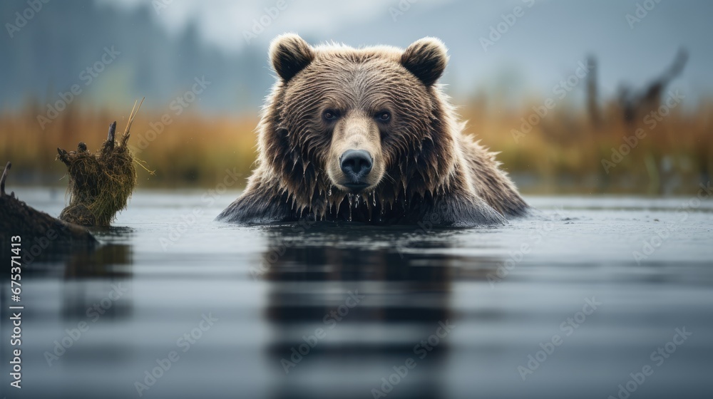 Poster a close up of a bear in a body of water with a tree stump in the foreground and grass in the backgro