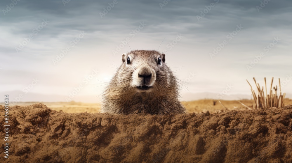 Poster  a close up of a groundhog in a field with a cloudy sky in the background and grass in the foreground.  generative ai