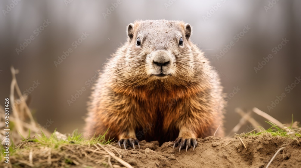 Poster  a close up of a groundhog looking at the camera with grass and dirt in the foreground and trees in the background.  generative ai
