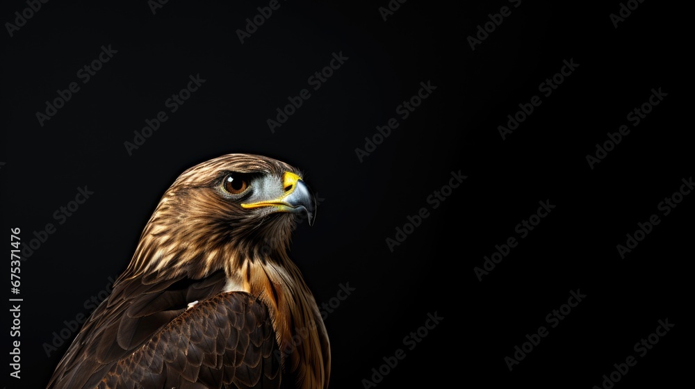 Poster a close up of a bird of prey on a black background with a white spot in the center of the image. gen