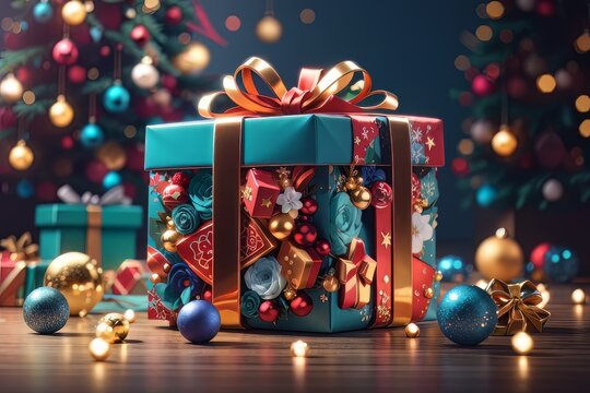 Very colorful and vibrant Christmas gift box occupying the center of the image