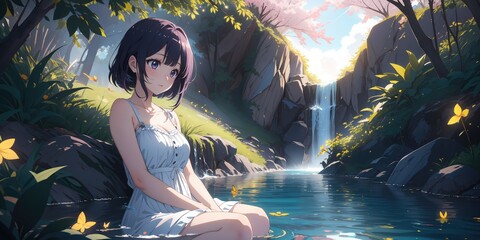 Beautiful Kawai Girl. Enjoying tranquil pool