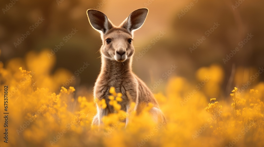 Poster a close up of a kangaroo in a field of yellow flowers with a blurry background of trees and bushes. 