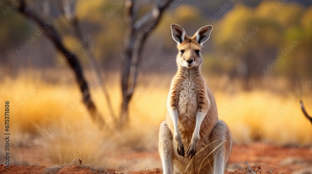 Aufkleber a close up of a kangaroo standing on its hind legs in a field with trees and grass in the background