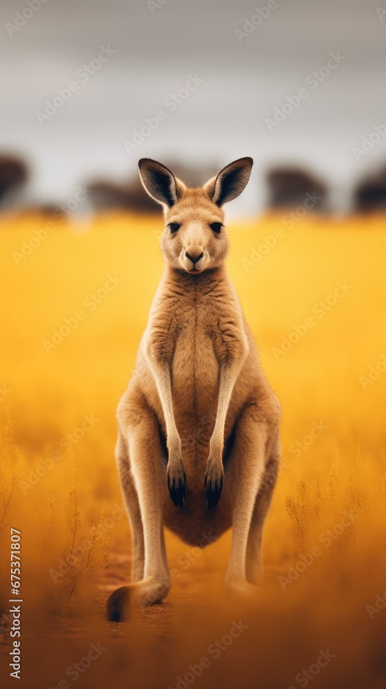 Poster a kangaroo standing on its hind legs in the middle of a field with a cloudy sky in the back ground. 