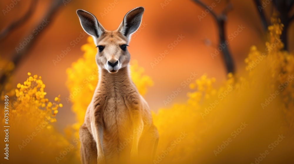 Poster a close up of a kangaroo in a field of grass with trees in the background and yellow flowers in the 