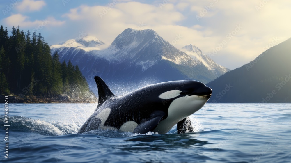 Poster an orca jumping out of the water in front of a mountain range with snow capped peaks in the backgrou