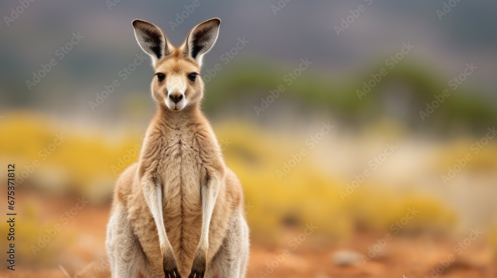 Poster a close up of a kangaroo in a field with trees in the background and a blurry sky in the background.