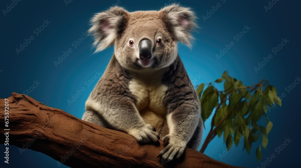 Poster a koala sitting on top of a tree branch with a tree branch in the foreground and a blue sky in the b