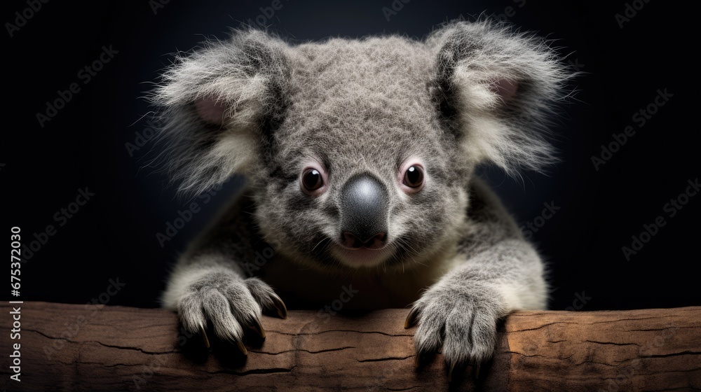 Poster a close up of a koala on a tree branch with its eyes wide open and one eye wide open. generative ai