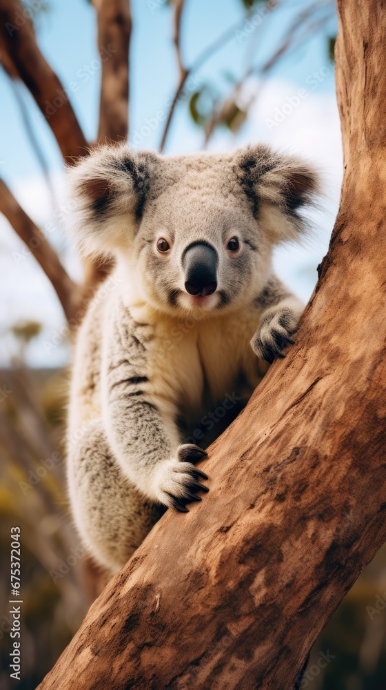 Poster a close up of a koala sitting on a tree branch with a blue sky in the backround. generative ai