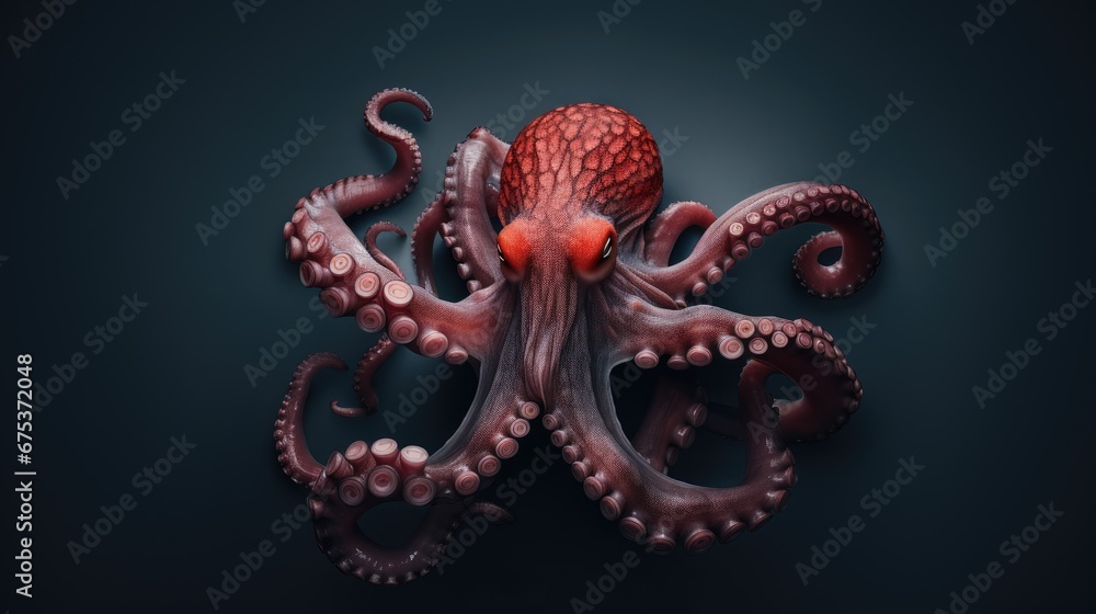 Poster a close up of an octopus on a black background with a red ball in the middle of it's tentacles. gene