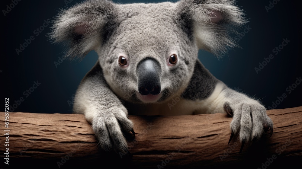 Aufkleber a close up of a koala on a branch with its eyes wide open and looking at the camera with a black bac