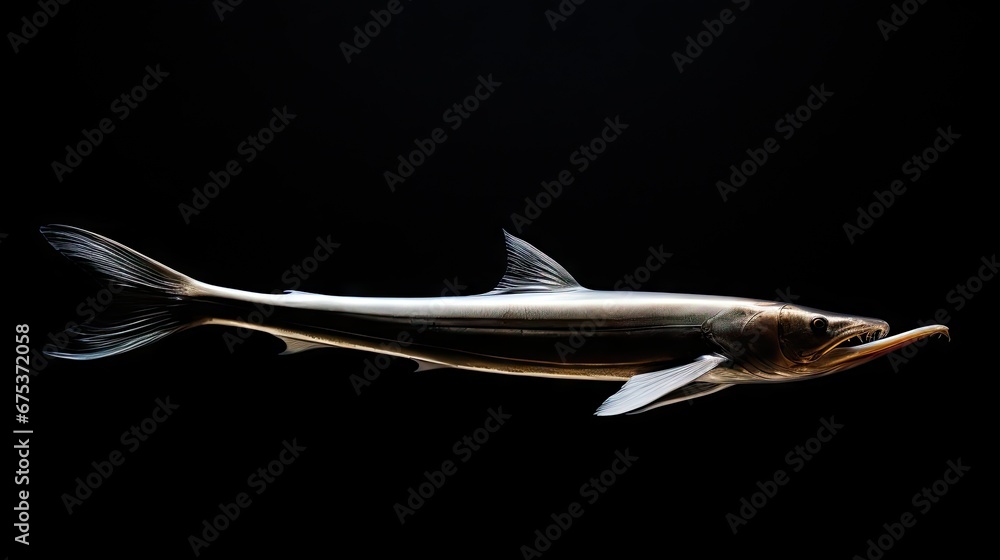 Poster a fish floating in the water on a black background with a reflection of it's head in the water. gene