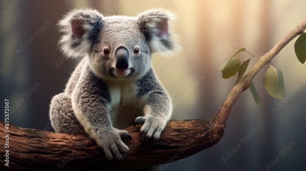 Aufkleber a koala sitting on top of a tree branch next to a branch with leaves on it and a blurry background. 