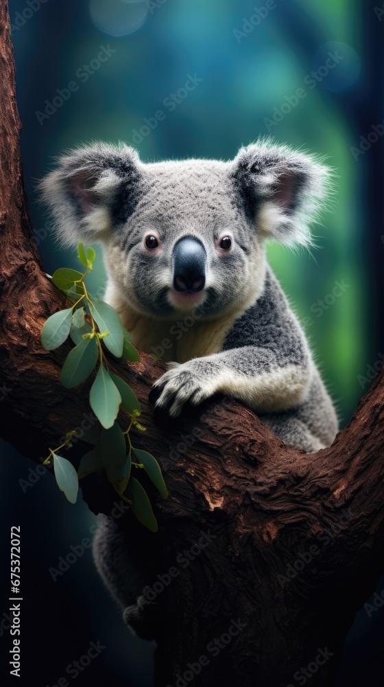 Poster a koala sitting on top of a tree branch with leaves on it's branch and looking at the camera. genera