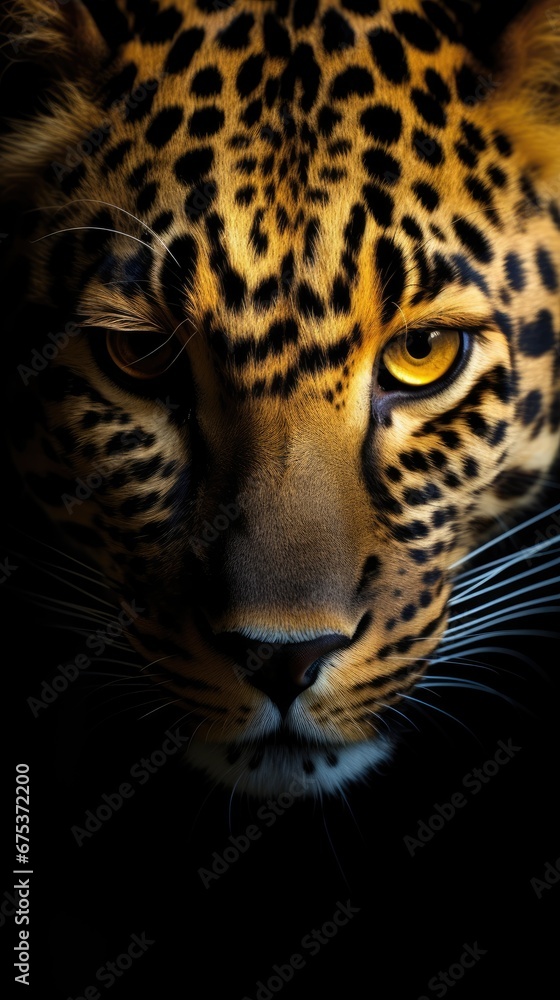 Poster a close up of a leopard's face on a black background with the light shining on it's face. generative