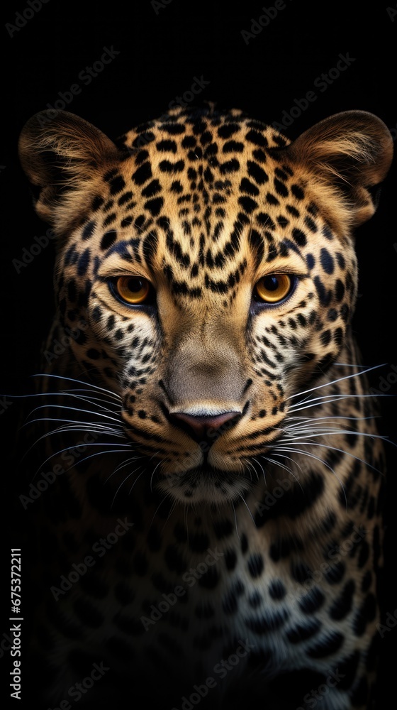 Aufkleber a close up of a leopard's face on a black background with a reflection of it's head. generative ai
