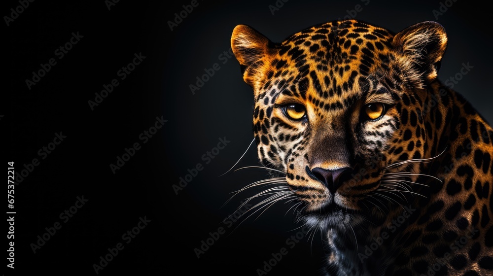 Poster a close - up of a leopard's face on a black background with only the head of the animal visible. gen