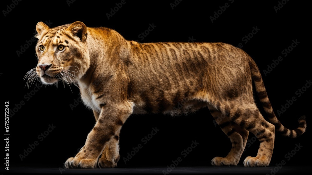 Poster a close up of a tiger on a black background with a blurry image of a tiger in the background. genera