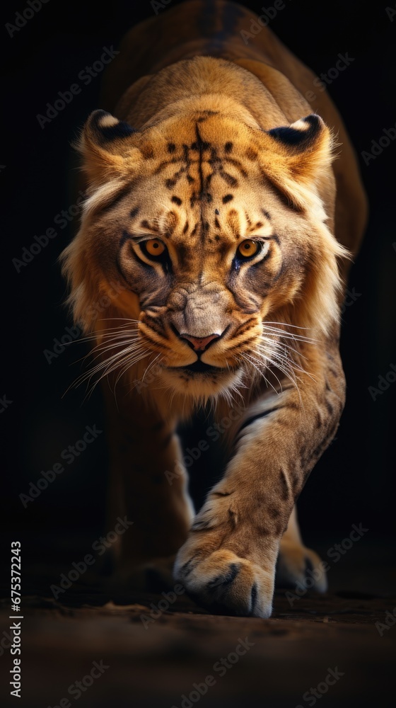 Poster a close up of a tiger on a black background with a blurry image of it's face and tail. generative ai