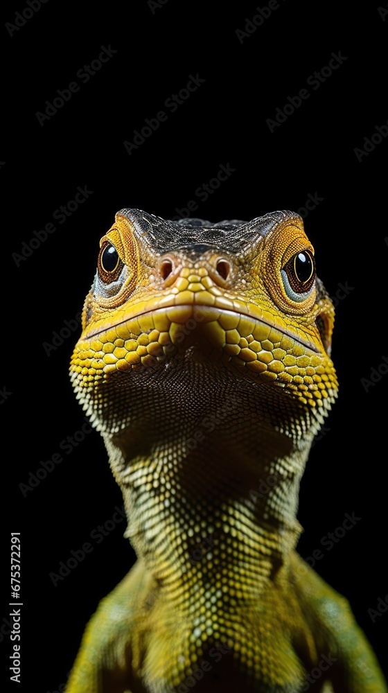 Aufkleber a close up of a lizard's face on a black background with a reflection of it's eyes. generative ai
