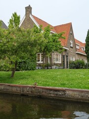 Picturesque scene of the city of Leiden in the Netherlands, featuring a canal by lush greenery
