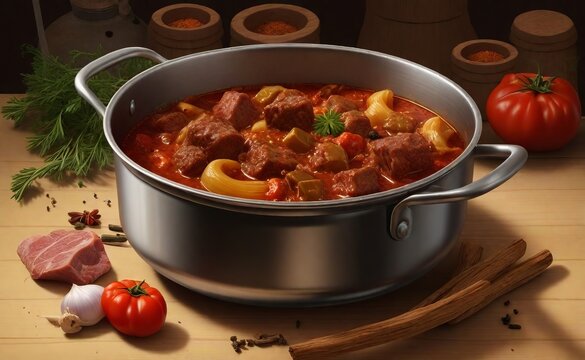 Gulasch oder Gulaschsuppe im Topf in der K&uuml;che bei der Zubereitung
