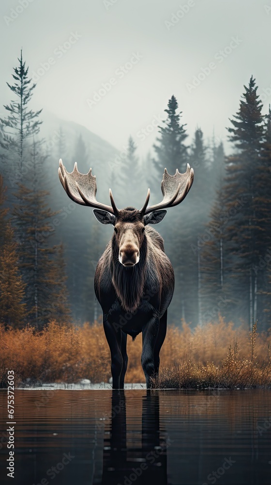 Poster a large moose standing in the middle of a forest next to a body of water with trees in the backgroun