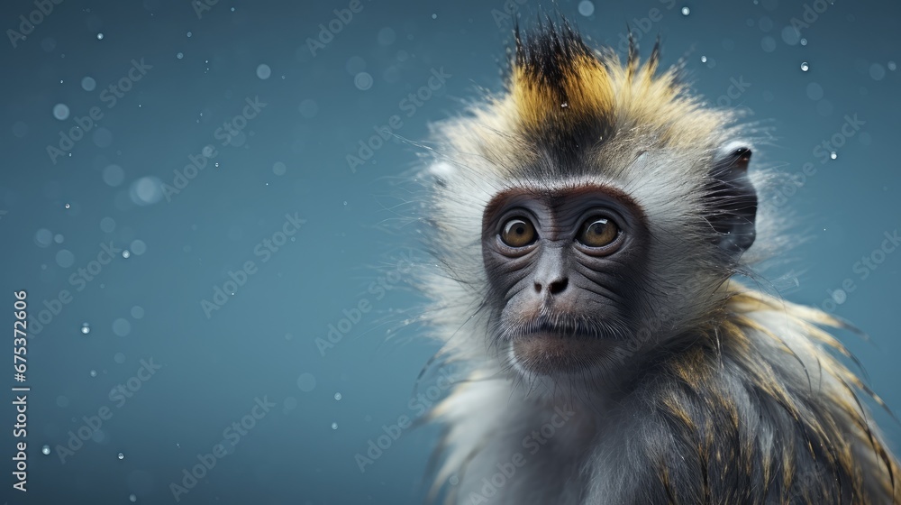 Poster a close up of a monkey's face with drops of water on the back of it's head. generative ai