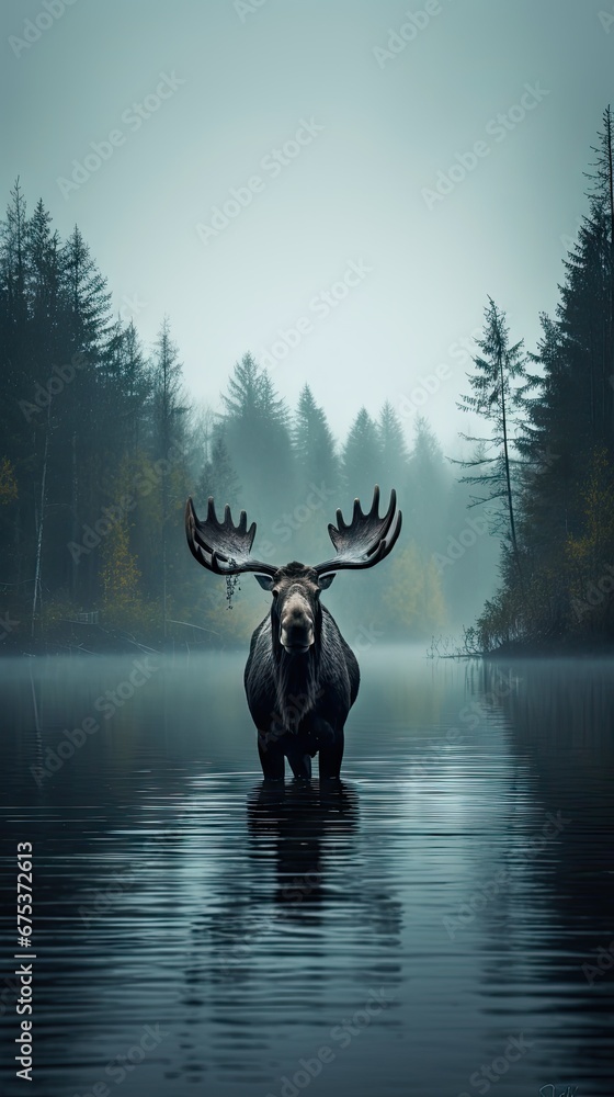 Poster a moose is standing in the middle of a body of water with trees in the background and fog in the air