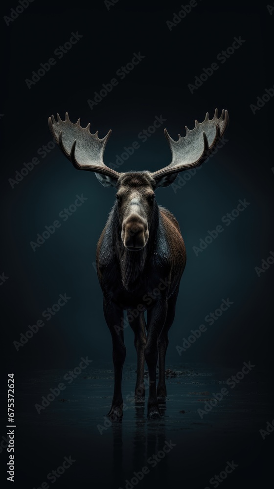 Poster a moose is standing in the dark with large antlers on it's back and it's head turned to the side. ge
