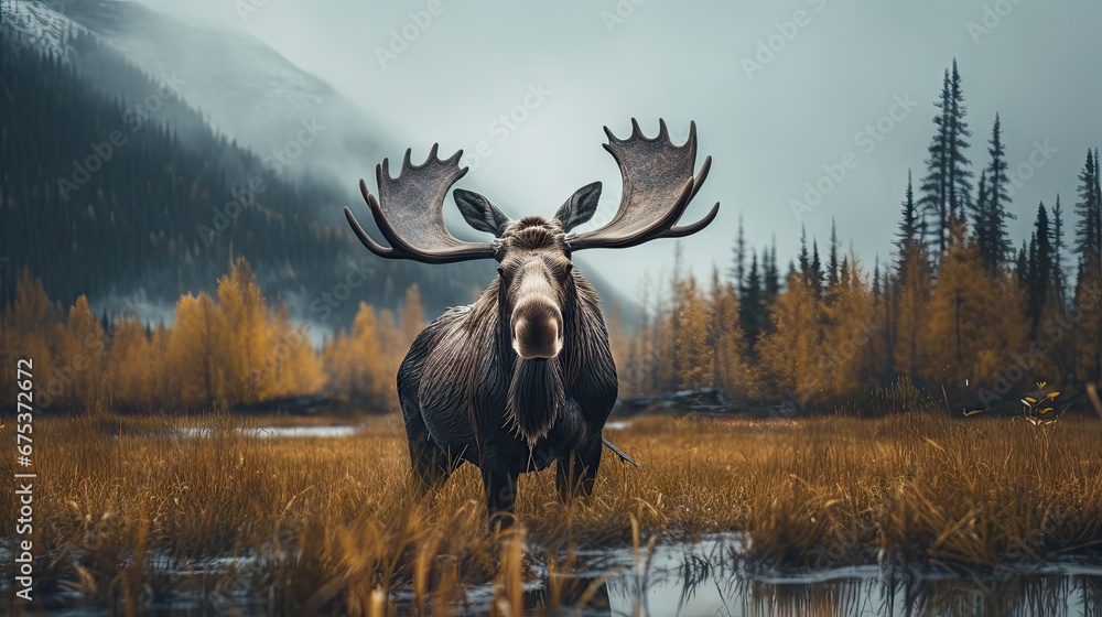 Poster a moose with large antlers standing in a field of tall grass next to a body of water with trees in t