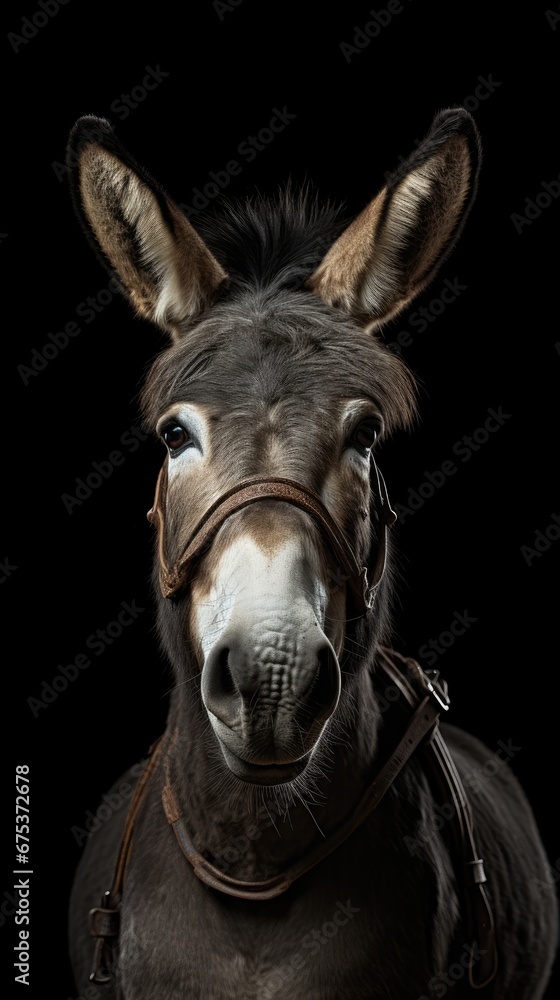 Poster a close up of a donkey's face with a halter and bridle on it's head. generative ai