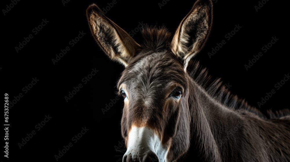 Poster a close up of a donkey's face on a black background with a blurry look on its face. generative ai