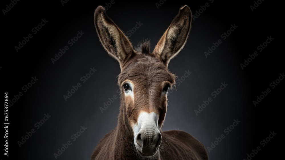 Poster a close up of a donkey's face with a black background and a white stripe on the side of the face. ge