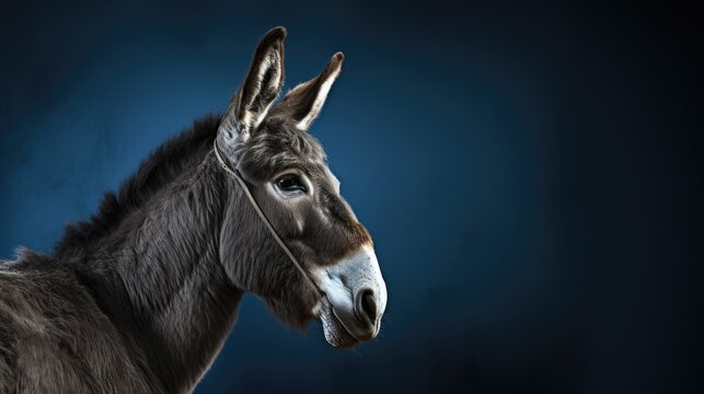  a domestic ass standing in front of a dark blue background The donkey is in the center of the image, with its head held high and its ears perked up, looking direct