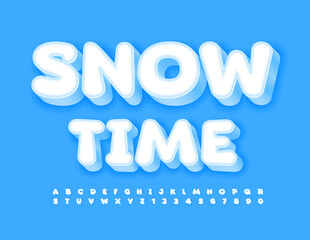 Vector happy flyer Snow Time.  Creative White 3D Font. Children  Alphabet Letters, Numbers and Symbols for Kids
