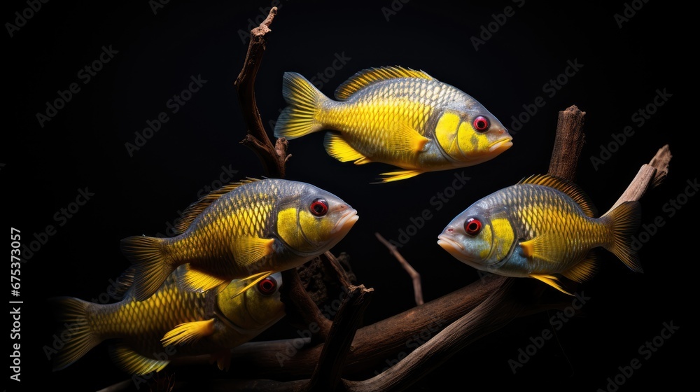 Poster a group of three yellow fish sitting on top of a tree branch in front of a black background with a b
