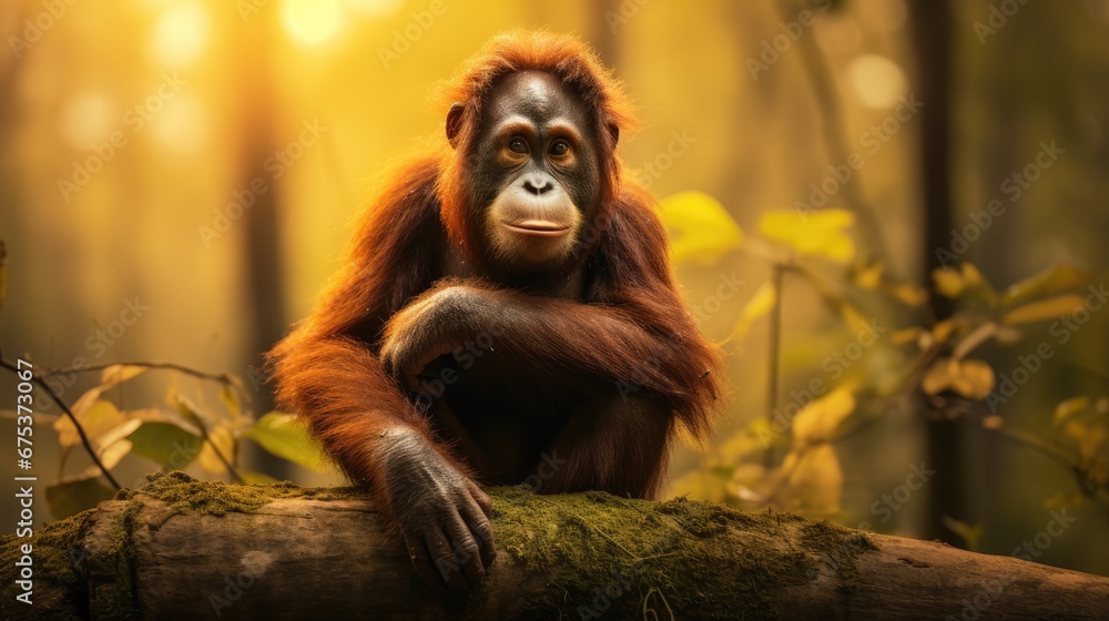 Poster a close up of a monkey sitting on a log in the middle of a forest with trees in the background. gene