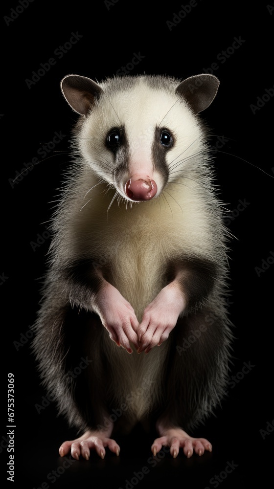 Poster a close up of a ferret on a black background looking at the camera with a funny look on its face. ge