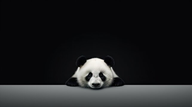 a black and white photo of a panda bear laying on the ground with its head resting on the edge of a table.  generative ai