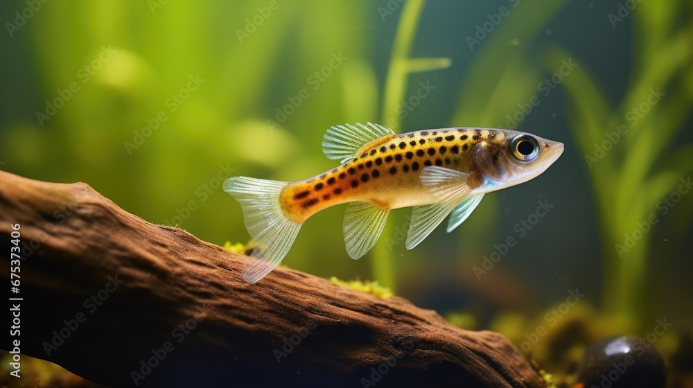 Poster a close up of a fish on a branch in a tank with plants and rocks in the background and water in the 